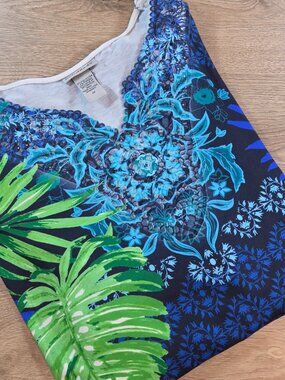 Catherines 3X Blue Green Beaded V Neck Knit Top Short Sleeve Tropical Plus NWOT
